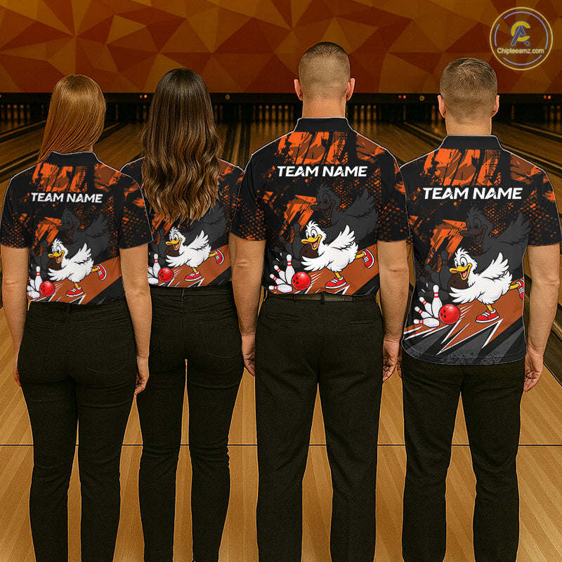 Custom Orange Funny Duck Bowling Team Shirts for Men Bowling League Shirts Polo & 1/4 Zip HNT633