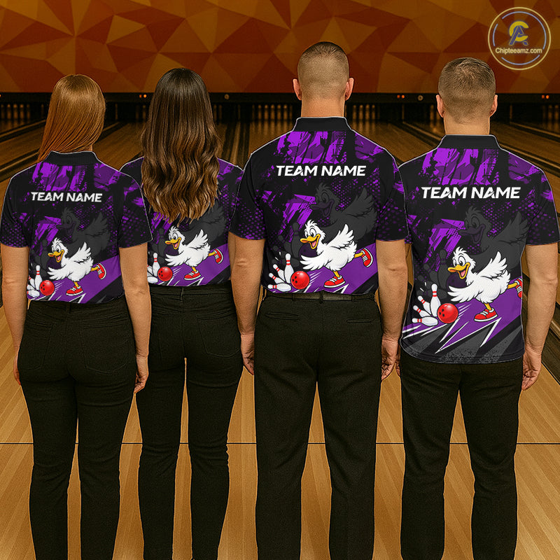 Custom Purple Funny Duck Bowling Team Shirts for Women Bowling League Shirts Polo & 1/4 Zip HNT633