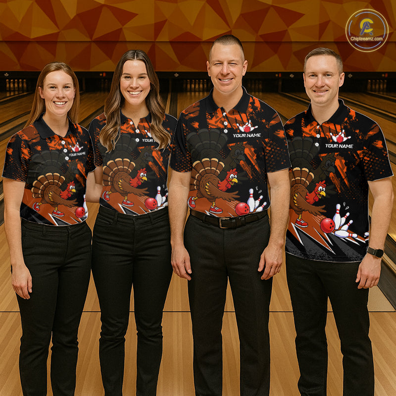 Orange Funny Turkey Chicken Thanksgiving Custom Bowling Team Shirts For Men Bowling Gift HNT522