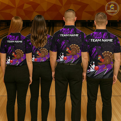 Purple Funny Turkey Chicken Thanksgiving Custom Bowling Team Shirts For Men Bowling Gift HNT522