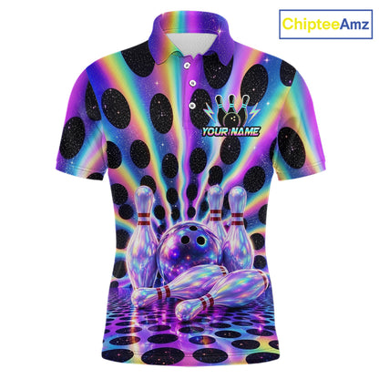 Custom neon cosmic bowling jersey for men, personalized team bowling polo shirt front view