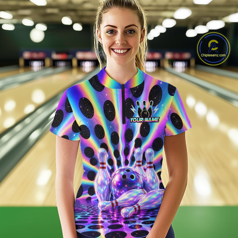 Women’s neon cosmic bowling quarter zip shirt, front view on female model in bowling lane 