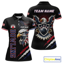 Load image into Gallery viewer, Bowling-themed polo shirt with eagle design and customizable text on a white background