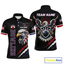 Load image into Gallery viewer, Black bowling shirt with eagle design and customizable text on a white background