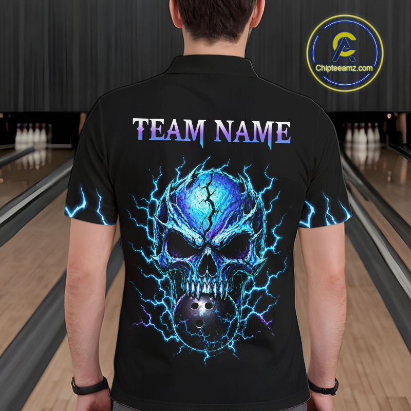 A man viewed from behind wearing a black short-sleeve polo shirt with a large blue and purple skull graphic and lightning design on the back, plus 'TEAM NAME' printed above it. Bowling lanes are visible in the background, and a circular 'ChipteeAmz'.