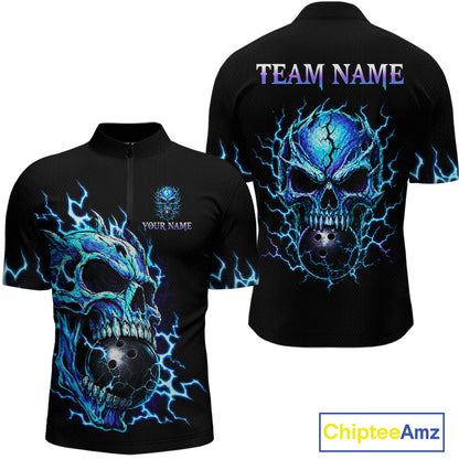 Black short-sleeve zip-up cycling jersey shown from the front and back, featuring a large blue and purple skull with lightning graphics and customizable text placeholders.