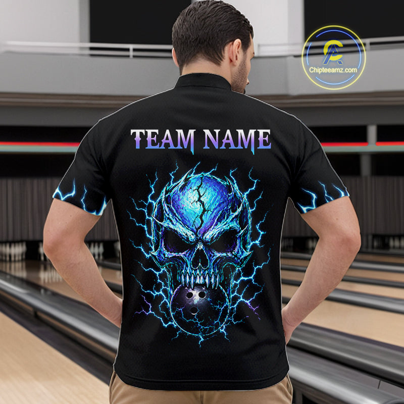 A man viewed from behind wearing a black short-sleeve bowling shirt with a large blue and purple skull graphic and the words 'TEAM NAME' printed across the back. Bowling lanes are visible in the background, and a 'ChipteeAmz'.