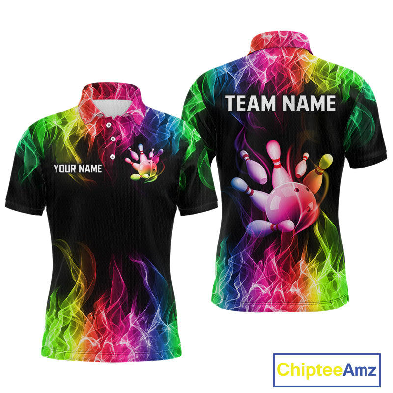 Front and back views of a customizable short-sleeve polo shirt on a white background. The shirt features a black base with a vibrant, multicolored neon flame pattern in pink, green, blue, and yellow.