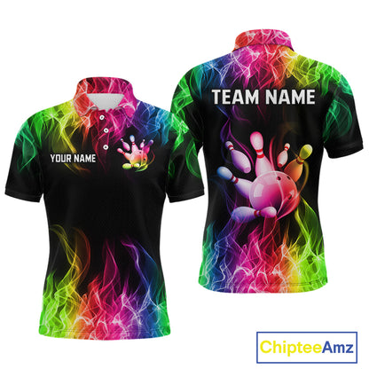 Front and back views of a customizable short-sleeve polo shirt on a white background. The shirt features a black base with a vibrant, multicolored neon flame pattern in pink, green, blue, and yellow.