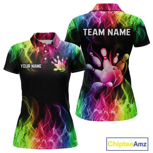 Custom short-sleeve polo shirt shown from the front and back on a white background. The shirt has a black base with vibrant neon rainbow flame patterns and bowling pin/ball graphics, with customizable text placeholders 'YOUR NAME' and 'TEAM NAME'.
