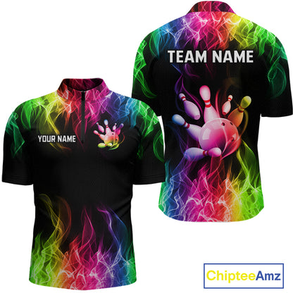 Black short-sleeve quarter-zip athletic shirt shown from front and back with a vivid rainbow flame-style print and bowling-themed graphics including a bowling ball, pins, and text placeholders 'YOUR NAME' and 'TEAM NAME'.