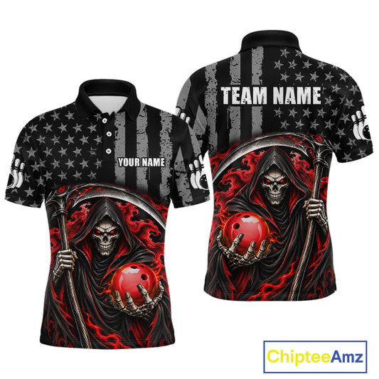 Custom US Flag Grim Reaper Bowling Jerseys for Men Bowling Team Jerseys Bowling for Bowlers HNT608