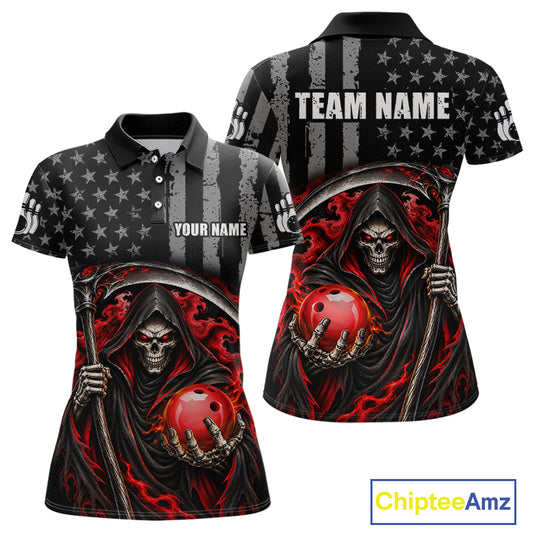 Custom US Flag Grim Reaper Bowling Jerseys for Women Bowling Team Jerseys Bowling for Bowlers HNT608