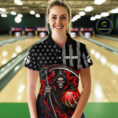 Custom US Flag Grim Reaper Bowling Jerseys for Women Bowling Team Jerseys Bowling for Bowlers HNT608
