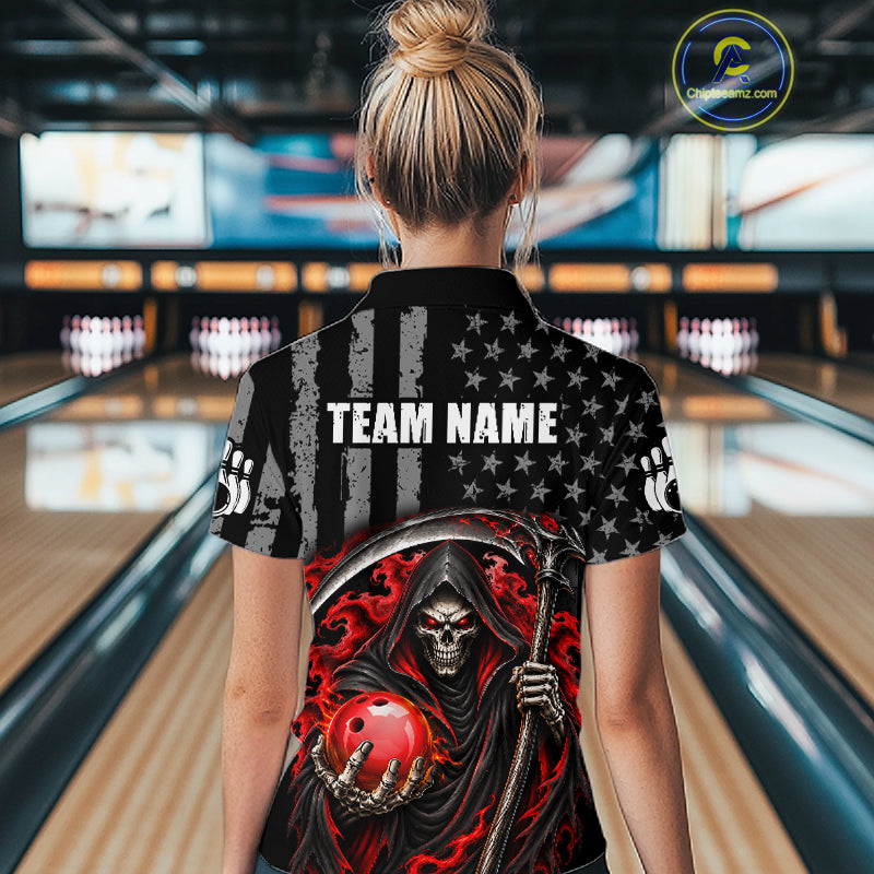 Custom US Flag Grim Reaper Bowling Jerseys for Women Bowling Team Jerseys Bowling for Bowlers HNT608