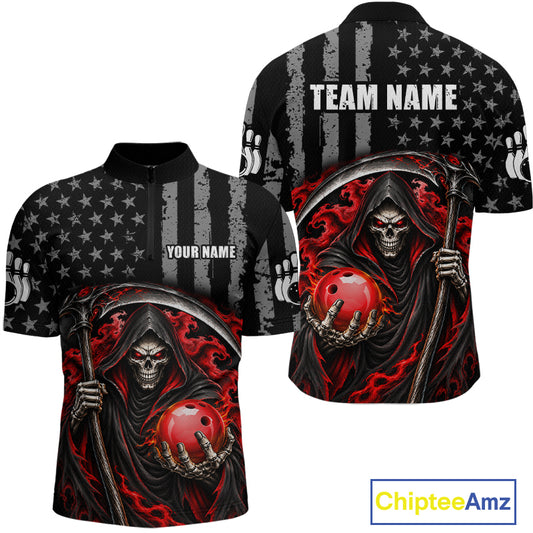 Custom US Flag Grim Reaper Bowling Jerseys for Men Bowling Team Jerseys Bowling for Bowlers HNT608