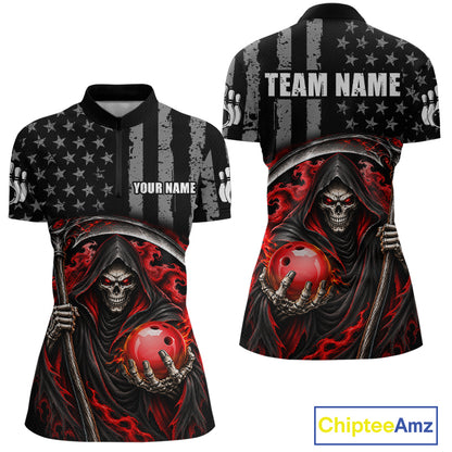 Custom US Flag Grim Reaper Bowling Jerseys for Women Bowling Team Jerseys Bowling for Bowlers HNT608