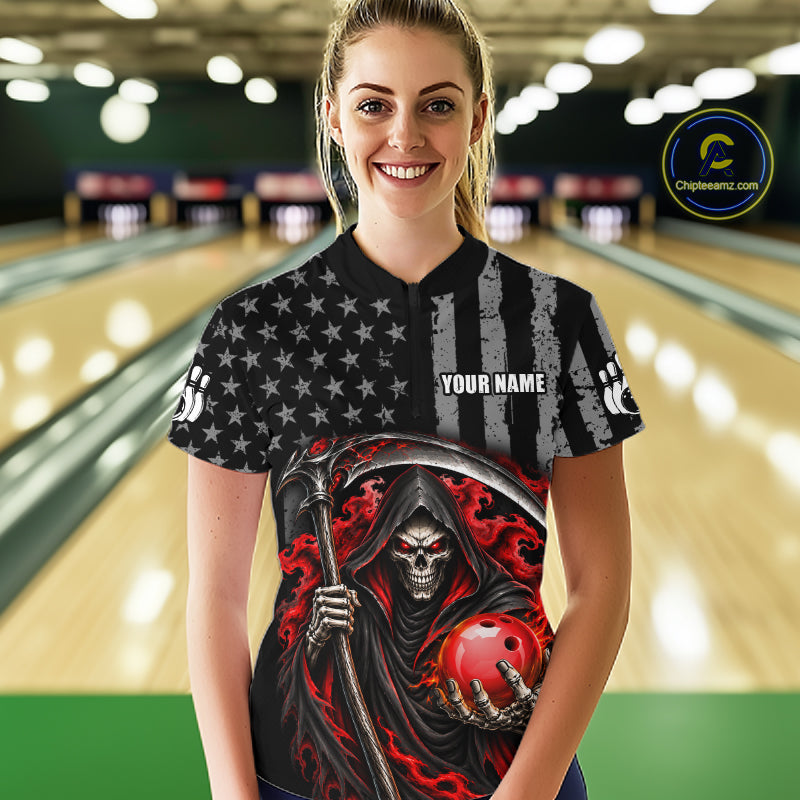 Custom US Flag Grim Reaper Bowling Jerseys for Women Bowling Team Jerseys Bowling for Bowlers HNT608