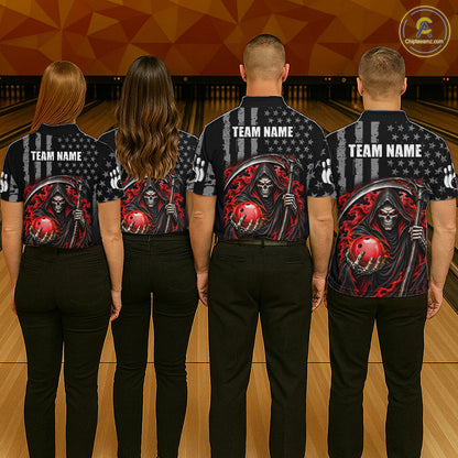 Custom US Flag Grim Reaper Bowling Jerseys for Women Bowling Team Jerseys Bowling for Bowlers HNT608