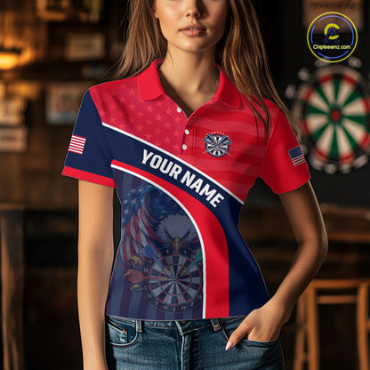 Custom Red Blue US Flag Eagle Darts Shirt for Women Darts Team Jerseys Dart Polo & 1/4 Zip NNT330