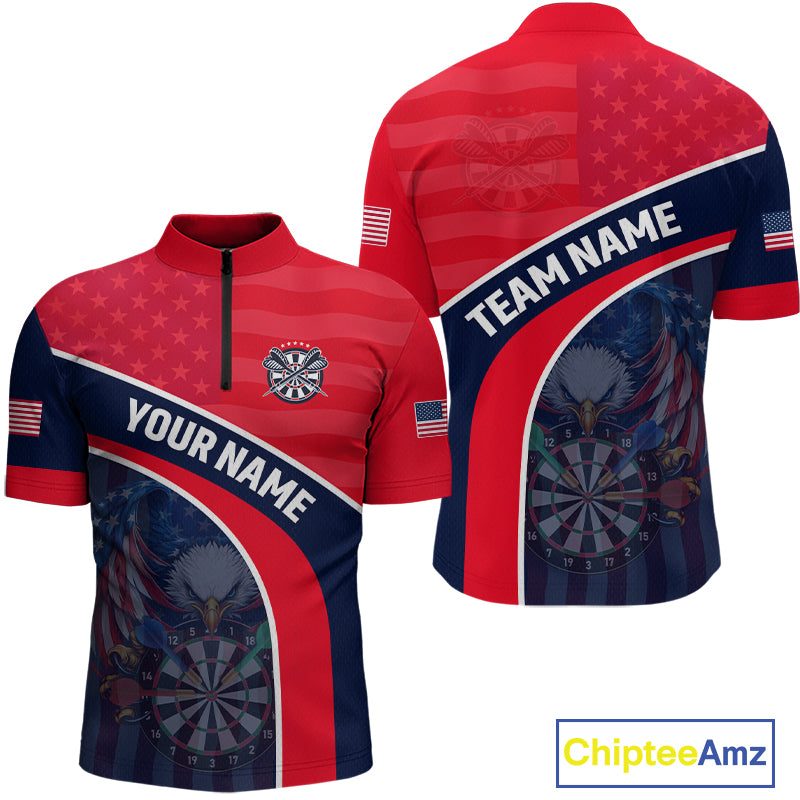 Custom Red Blue US Flag Eagle Darts Shirt for Men Darts Team Jerseys Dart Polo & 1/4 Zip NNT330