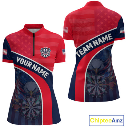 Custom Red Blue US Flag Eagle Darts Shirt for Women Darts Team Jerseys Dart Polo & 1/4 Zip NNT330