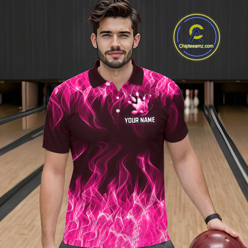 Custom Pink Flame Bowling Jersey for Men, Breast Cancer Bowling Team Shirts Polo & 1/4 Zip HNT556