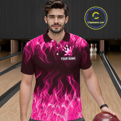 Custom Pink Flame Bowling Jersey for Men, Breast Cancer Bowling Team Shirts Polo & 1/4 Zip HNT556