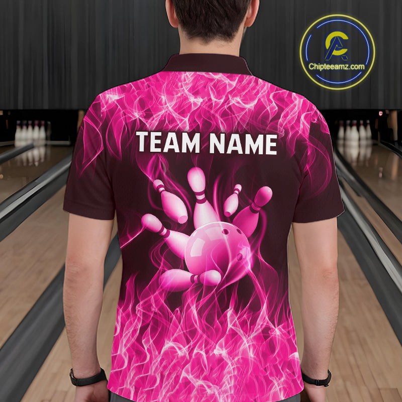 Custom Pink Flame Bowling Jersey for Men, Breast Cancer Bowling Team Shirts Polo & 1/4 Zip HNT556