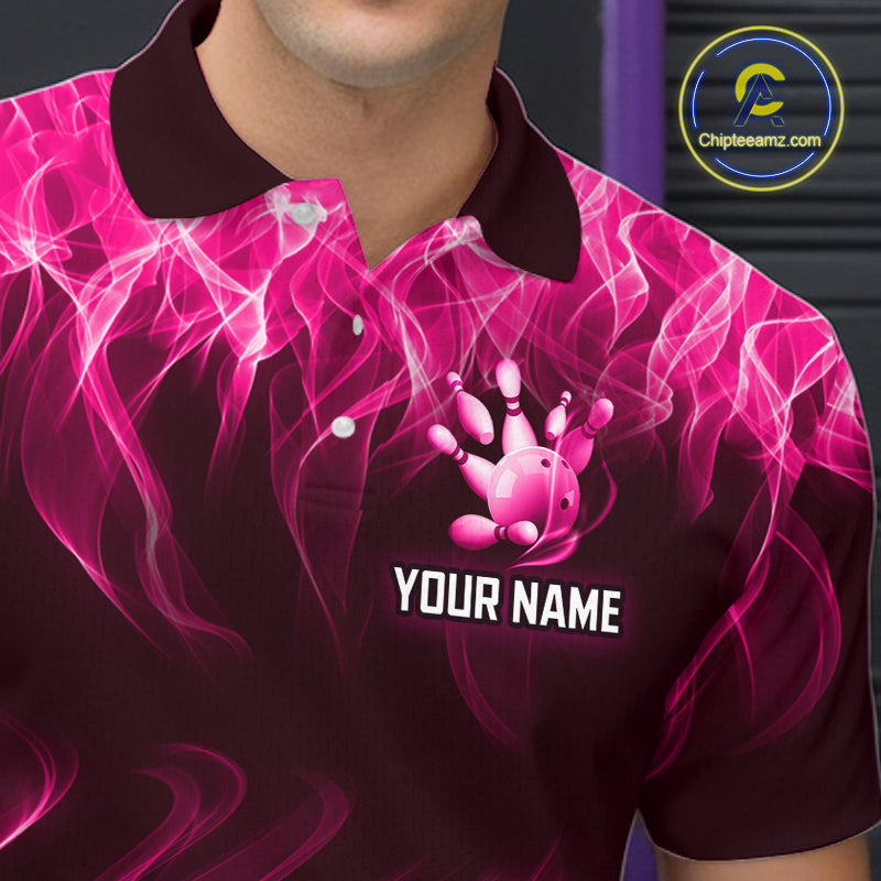 Custom Pink Flame Bowling Jersey for Men, Breast Cancer Bowling Team Shirts Polo & 1/4 Zip HNT556
