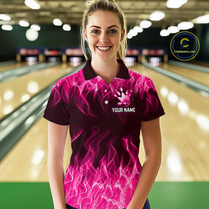 Custom Pink Flame Bowling Jersey for Women, Breast Cancer Bowling Team Shirts Polo & 1/4 Zip HNT556