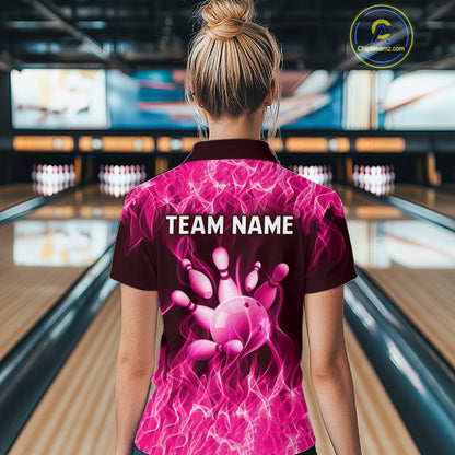 Custom Pink Flame Bowling Jersey for Women, Breast Cancer Bowling Team Shirts Polo & 1/4 Zip HNT556