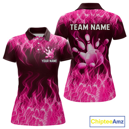 Custom Pink Flame Bowling Jersey for Women, Breast Cancer Bowling Team Shirts Polo & 1/4 Zip HNT556