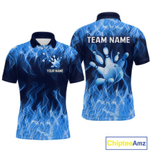 Load image into Gallery viewer, Custom Blue Flame Bowling Jersey for Men Polo &amp; 1/4 Zip Bowling Team Shirts Bowling League HNT150