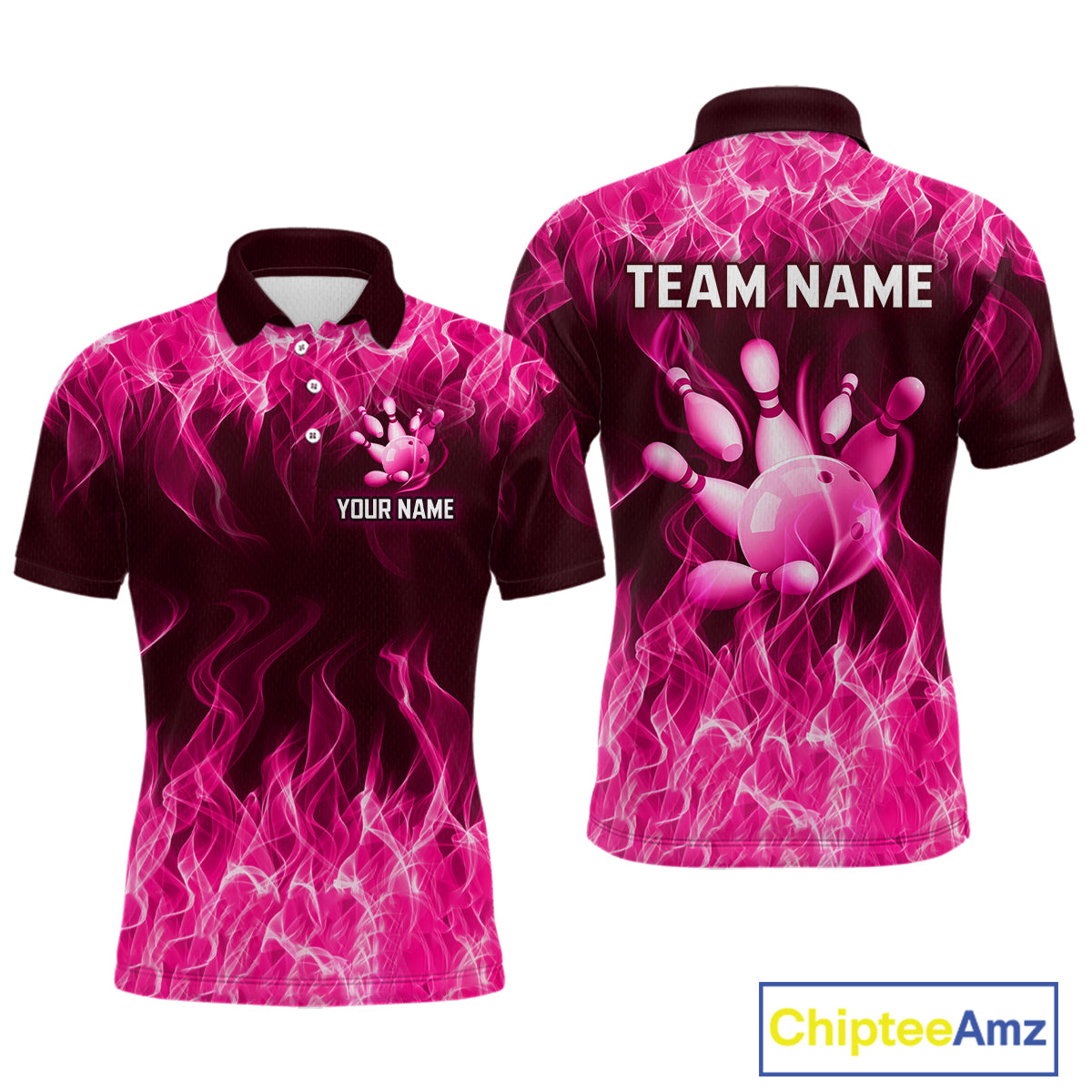 Custom Pink Flame Bowling Jersey for Men, Breast Cancer Bowling Team Shirts Polo & 1/4 Zip HNT556