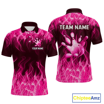 Custom Pink Flame Bowling Jersey for Men, Breast Cancer Bowling Team Shirts Polo & 1/4 Zip HNT556