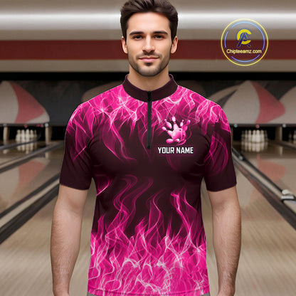 Custom Pink Flame Bowling Jersey for Men, Breast Cancer Bowling Team Shirts Polo & 1/4 Zip HNT556