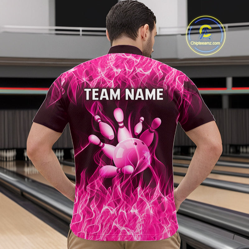 Custom Pink Flame Bowling Jersey for Men, Breast Cancer Bowling Team Shirts Polo & 1/4 Zip HNT556