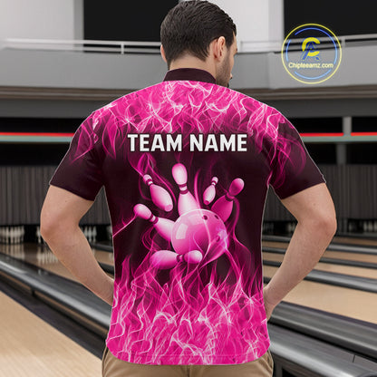 Custom Pink Flame Bowling Jersey for Men, Breast Cancer Bowling Team Shirts Polo & 1/4 Zip HNT556