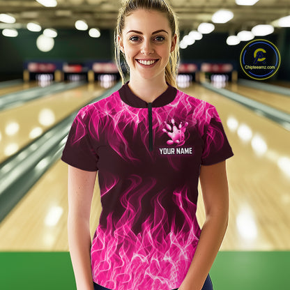 Custom Pink Flame Bowling Jersey for Women, Breast Cancer Bowling Team Shirts Polo & 1/4 Zip HNT556