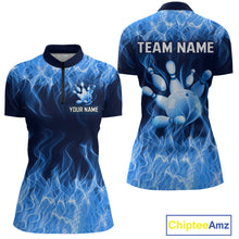 Load image into Gallery viewer, Custom Blue Flame Bowling Jersey for Women Polo &amp; 1/4 Zip Bowling Team Shirts Bowling League HNT150