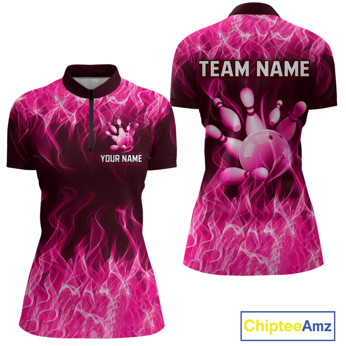 Custom Pink Flame Bowling Jersey for Women, Breast Cancer Bowling Team Shirts Polo & 1/4 Zip HNT556