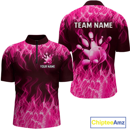 Custom Pink Flame Bowling Jersey for Men, Breast Cancer Bowling Team Shirts Polo & 1/4 Zip HNT556