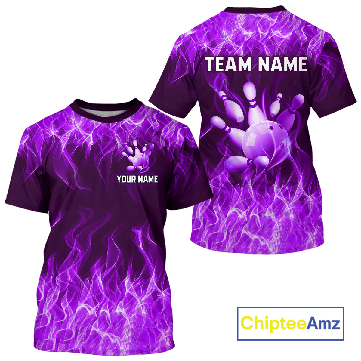 Purple bowling jersey with flame design and customizable text on a white background, featuring the brand 'Chiptee Amz'.
