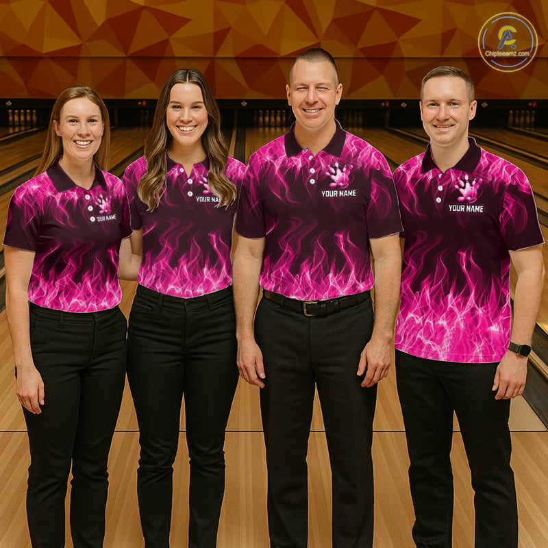 Custom Pink Flame Bowling Jersey for Men, Breast Cancer Bowling Team Shirts Polo & 1/4 Zip HNT556