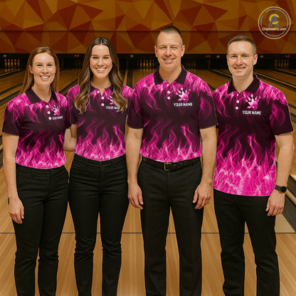 Custom Pink Flame Bowling Jersey for Men, Breast Cancer Bowling Team Shirts Polo & 1/4 Zip HNT556