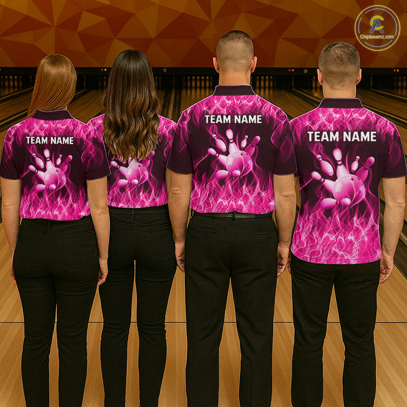 Custom Pink Flame Bowling Jersey for Men, Breast Cancer Bowling Team Shirts Polo & 1/4 Zip HNT556