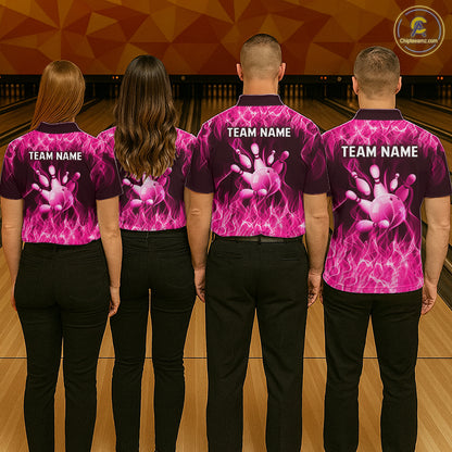 Custom Pink Flame Bowling Jersey for Men, Breast Cancer Bowling Team Shirts Polo & 1/4 Zip HNT556