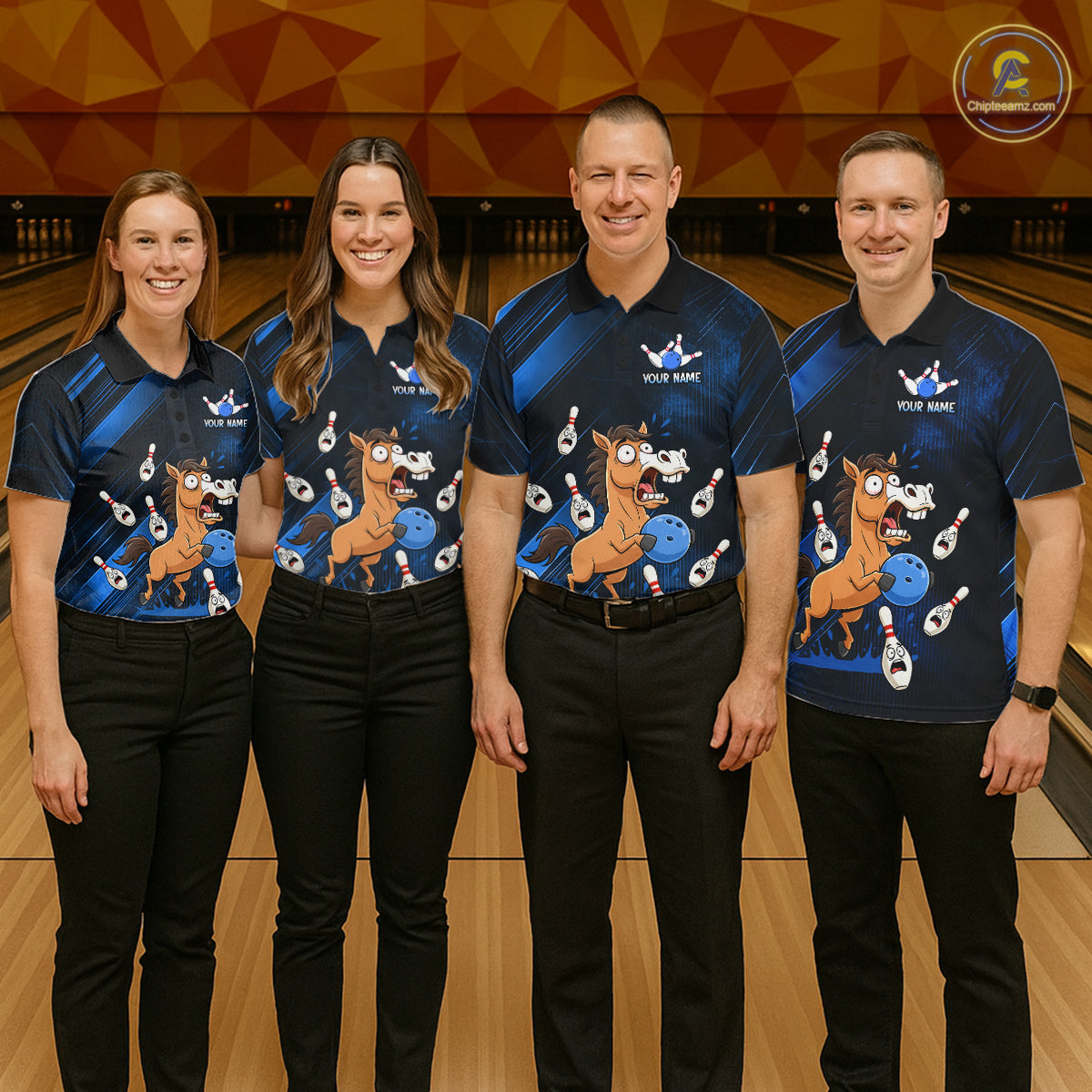 Custom Blue Funny Horse Bowling Jersey for Women Bowling Team Shirts Bowling Tournament HNT184