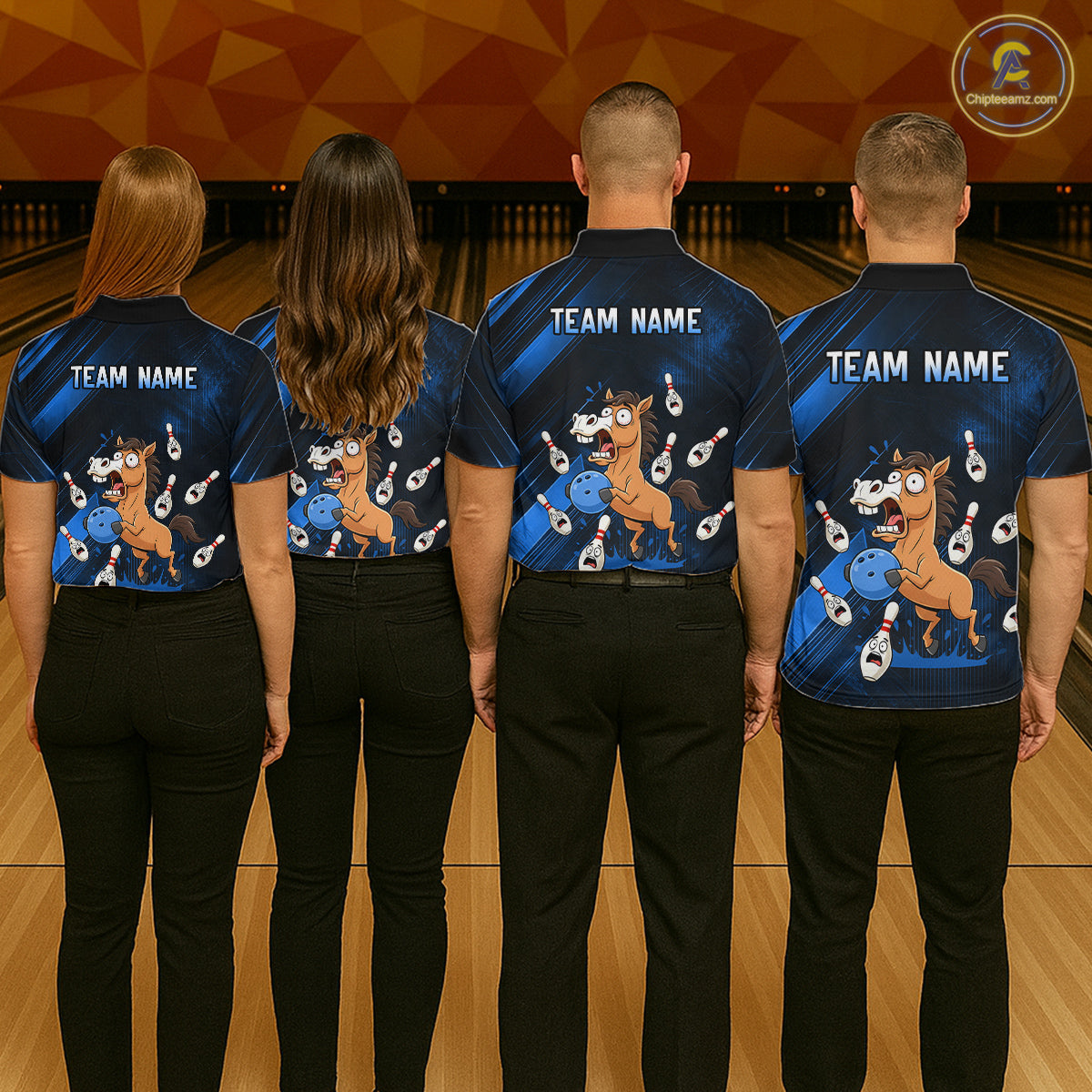 Custom Blue Funny Horse Bowling Jersey for Men Bowling Team Shirts Bowling Tournament HNT184